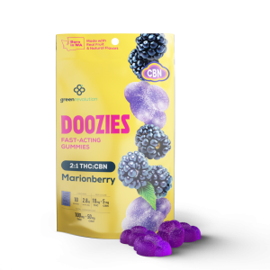 Delicious Doozies Marionberry Gummies with a balanced 2:1 THC to CBN ratio.
